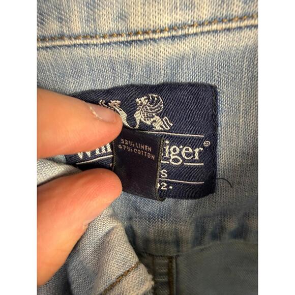 Vintage Willis & Geiger Shirt Large Linen Denim Button Up Safari Pockets Hunting - Picture 2 of 5